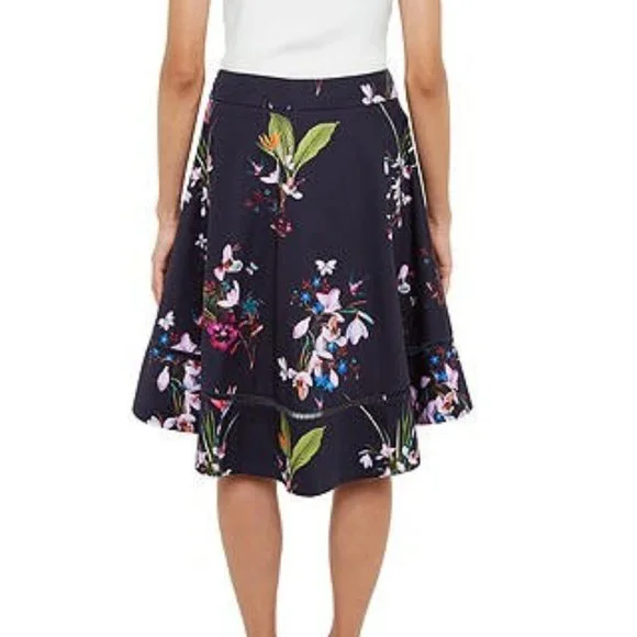 TED BAKER Plio Tropical Oasis Dipped Hem Skirt Navy - Picture 3 of 11